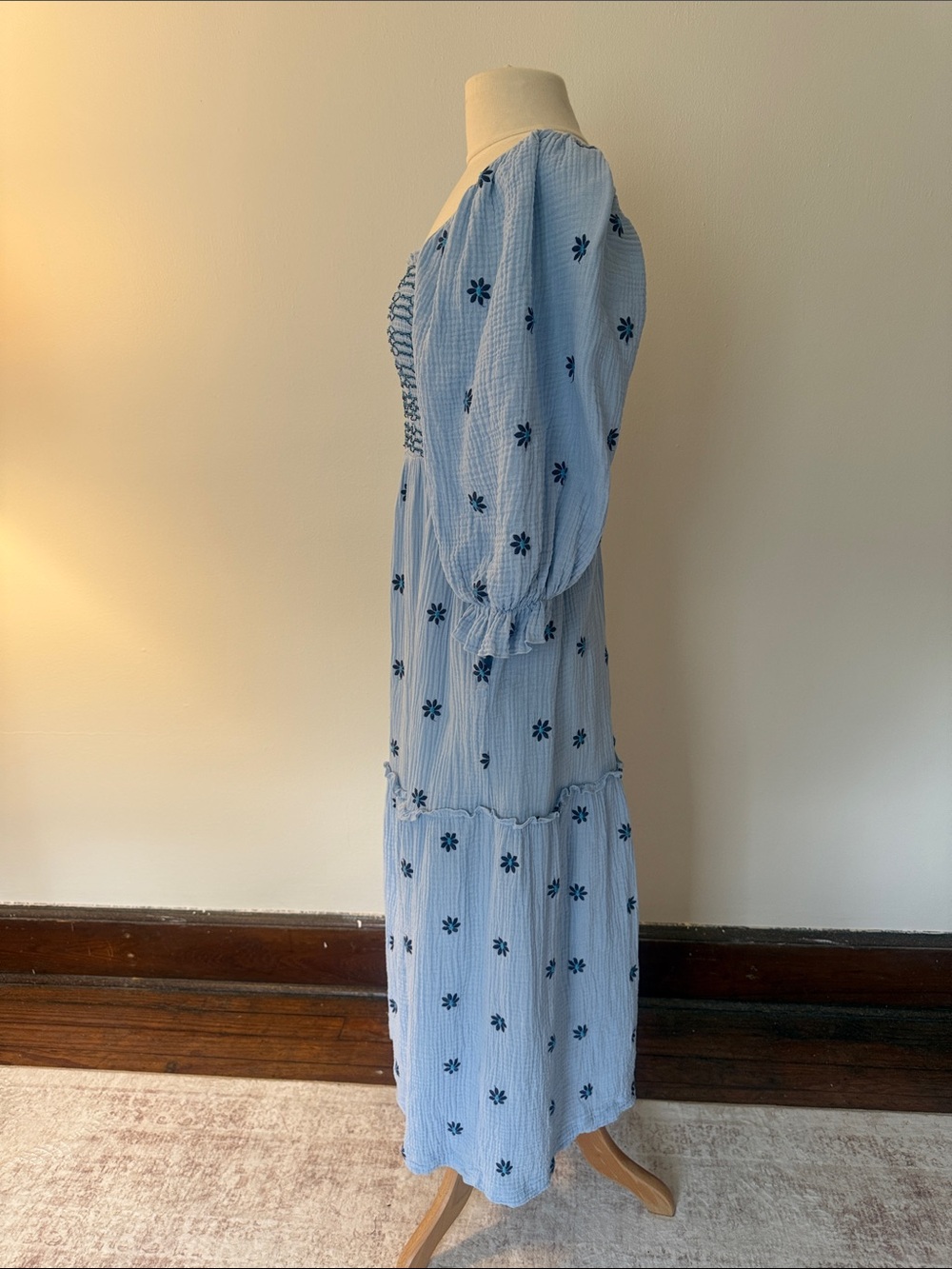 Source Unknown Light Blue Maxi Dress with Navy Floral Embroidery - Picture 3 of 5